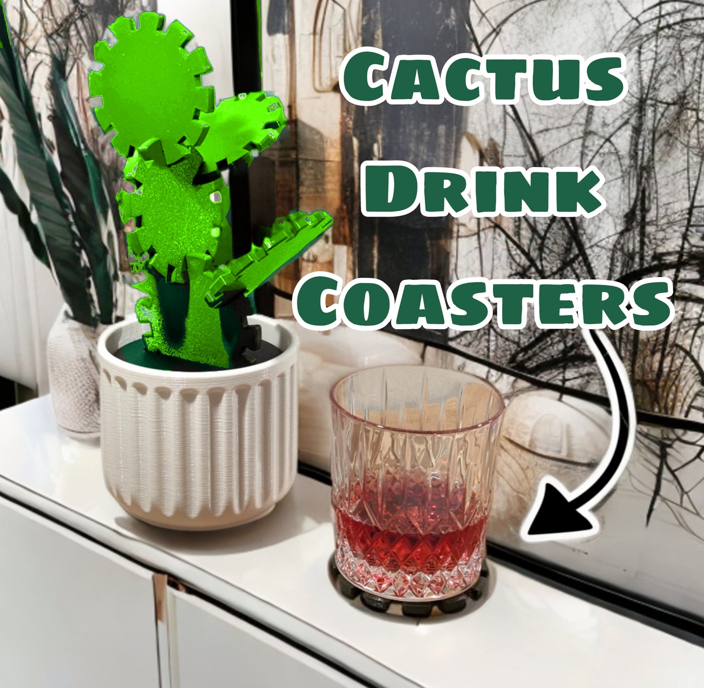 Cute Cactus Drink Coaster Set – Interlocking Coasters with Pot Stand | Unique Living Room Decor